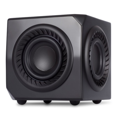 Subwoofer preto cúbico com superfícies lisas e discos em relevo