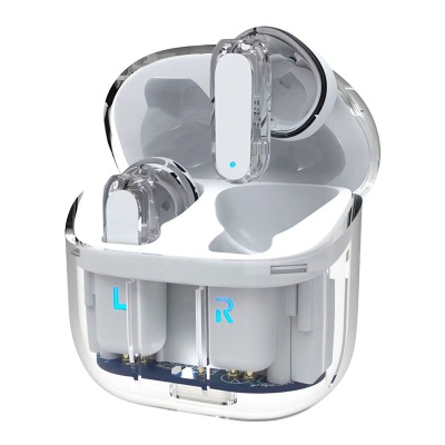 Auscultadores sem fios transparentes com estojo branco translúcido