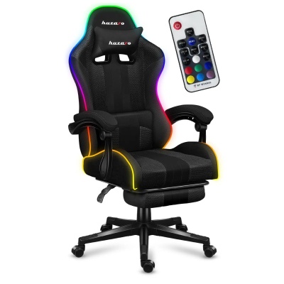 cadeira de gaming preta com iluminação RGB e comando