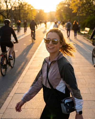 Mulher com casaco desportivo e óculos de sol numa rua ao entardecer