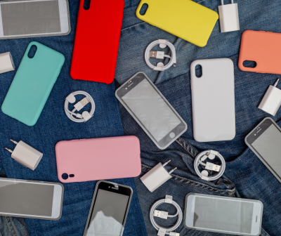 Vários smartphones com capas coloridas, cabos e carregadores num fundo de jeans azul.