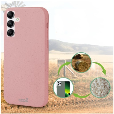 Capa rosa para smartphone com textura lisa e design ecológico em fundo de campo rural