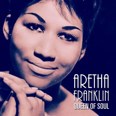 Foto em preto e branco de Aretha Franklin com texto ARETHA FRANKLIN QUEEN OF SOUL