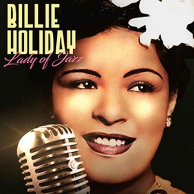 Capa de álbum de Billie Holiday com microfone e flor branca no cabelo