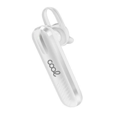 Auricular Bluetooth branco com texto 'cool'