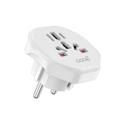 Adaptador de tomada universal branco com vários encaixes e palavra 'cool'