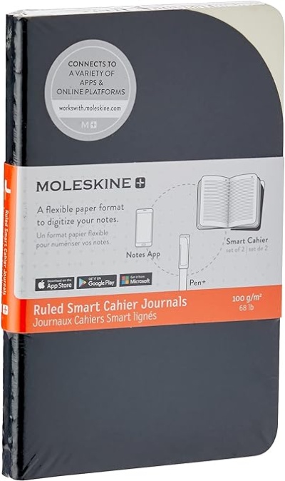 Caderno Moleskine Smart Cahier cinzento com faixa branca e laranja e texto informativo
