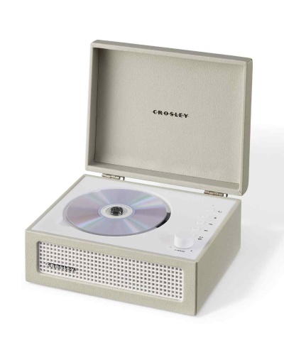 Leitor de CD Crosley bege com tampa aberta e CD
