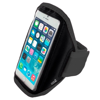 Suporte de braço preto para smartphone com visor transparente e smartphone dentro