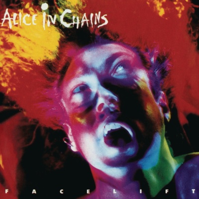 Capa de álbum da banda Alice In Chains com rosto colorido e texto branco