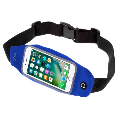 Cinto desportivo azul com suporte transparente para smartphone e fecho preto ajustável