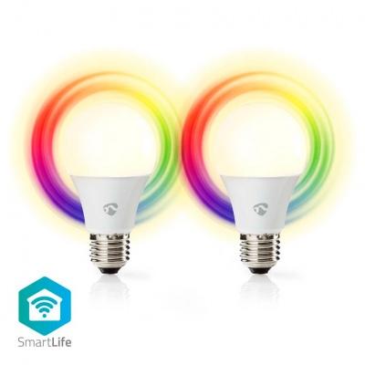 Duas lâmpadas LED coloridas inteligentes com base metálica e logótipo SmartLife