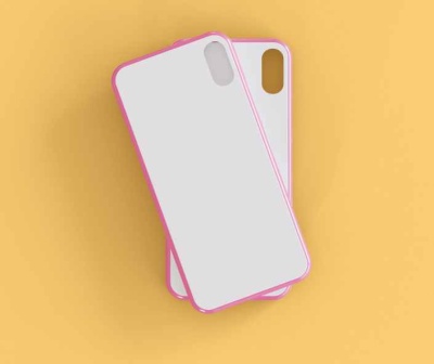 Duas capas de telemóvel brancas com bordas rosa sobre fundo amarelo