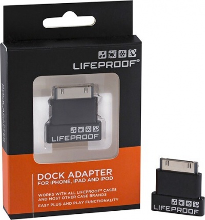 Adaptador dock preto LIFE PROOF para iPhone, iPad e iPod em embalagem preta e laranja
