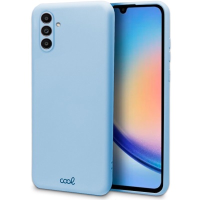 Smartphone com capa azul clara de silicone e texto 'cool'