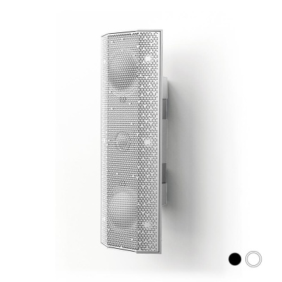 Coluna de som branca com grelha metálica curva montada na parede