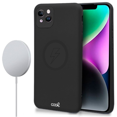 Capa preta mate para smartphone com símbolo de raio e carregador magnético branco