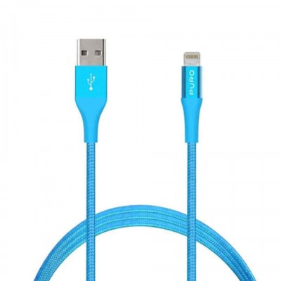 Cabo USB azul com conector USB-A e Lightning com revestimento em tecido trançado