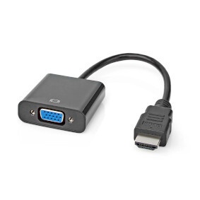 Adaptador de cabo HDMI para VGA preto com corpo plástico e conector HDMI e saída VGA azul