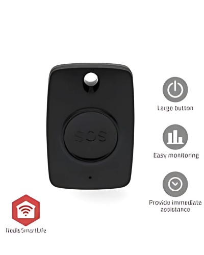 Dispositivo preto com botão SOS e ícones explicativos ao lado