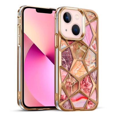 Capa de smartphone com padrão geométrico mármore rosa e dourado