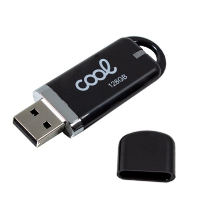 Pen USB preto 128GB com tampa removível e logótipo cool em branco