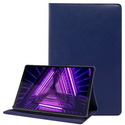 Tablet com capa azul e ecrã com padrão triangular luzes púrpura