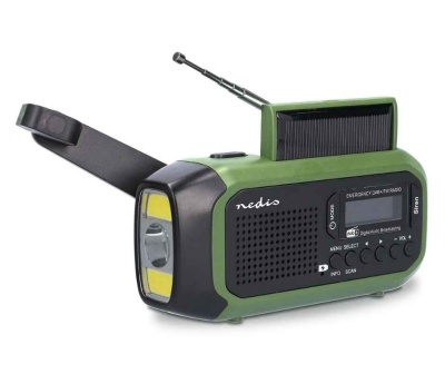 Rádio de emergência verde com painel solar e luz frontal