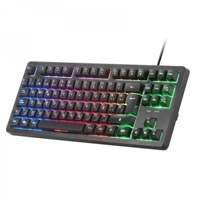 Teclado mecânico preto com iluminação RGB colorida e cabo