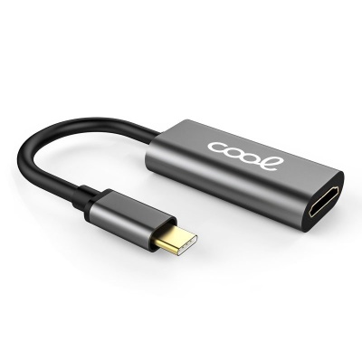 Adaptador USB-C para HDMI cinzento com cabo curto preto e texto 'cool'