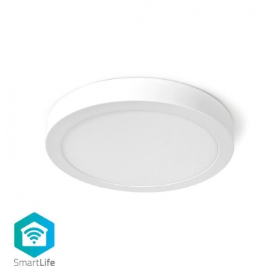 Plafon LED redondo branco com difusor opaco e logotipo SmartLife azul