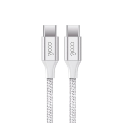 Cabo USB Type-C prateado com cabo trançado branco e cinza e logótipo 'cool'