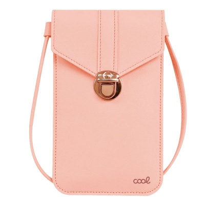 Bolsa pequena cor-de-rosa clara com fecho metálico dourado e texto 'cool'