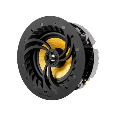 Coluna de som embutida amarela e preta com design em espiral