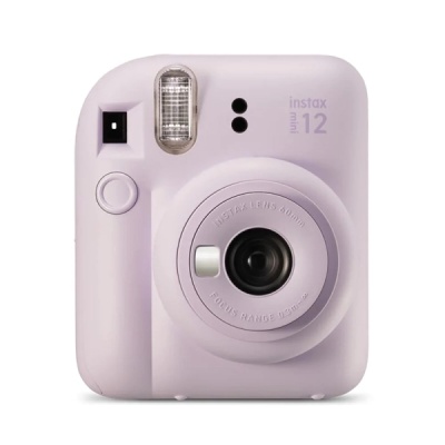 Câmara instantânea lilás Instax Mini 12 com lente circular e flash