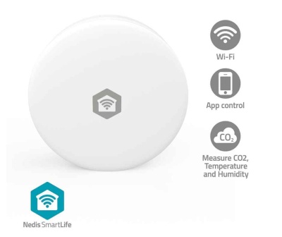 Dispositivo branco circular com símbolo Wi-Fi e textos de funcionalidades ao lado.