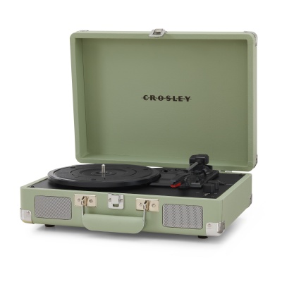 Giradiscos portátil verde claro Crosley com colunas frontais e tampa aberta