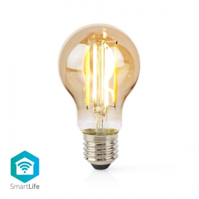 Lâmpada de filamento LED com base metálica e luz amarela, sobre fundo branco com ícone SmartLife.