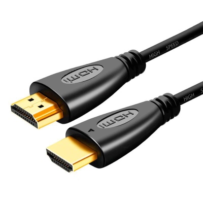 Cabo HDMI preto com conectores dourados e texto HIGH SPEED
