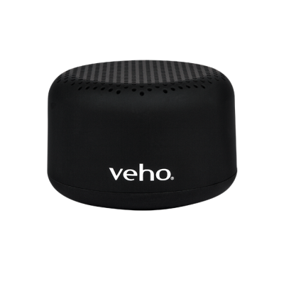 Coluna de som portátil preta com logótipo veho