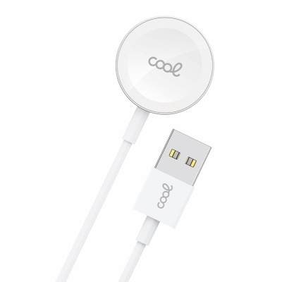 Cabo de carregamento USB branco com base circular com texto COOL
