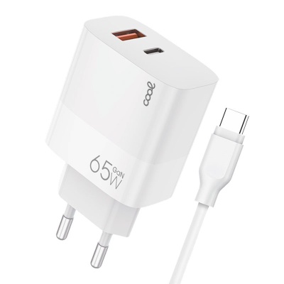 Carregador de parede branco com duas portas USB e cabo USB-C