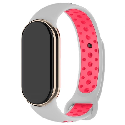 Smartwatch com bracelete de silicone cinzenta e rosa com furações