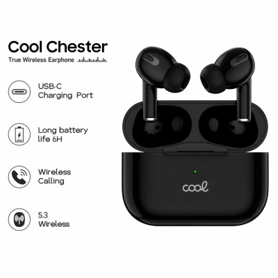 Auriculares True Wireless pretos Cool Chester com estojo e texto de características