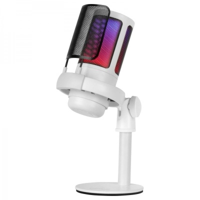 Microfone de estúdio branco com grelha preta e luzes LED roxa e vermelha