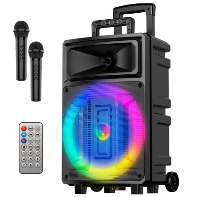 Coluna de som portátil preta com iluminação LED e dois microfones