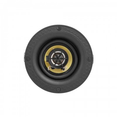 Coluna redonda preta com detalhes amarelos e grelha central em estrela