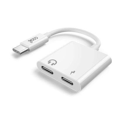 Adaptador USB-C branco com duas portas USB-C e símbolos de fone e raio