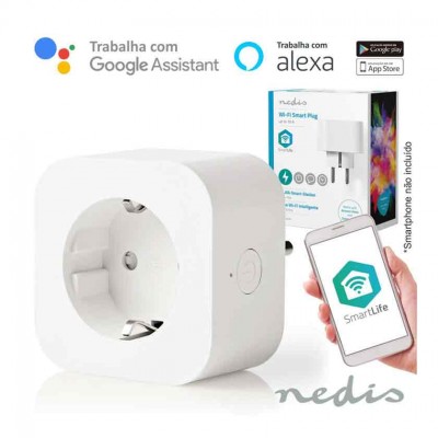 Tomada inteligente Nedis Wi-Fi Smart Plug branca com embalagem e telemóvel mostrando app SmartLife