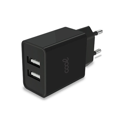 Carregador de parede preto com duas portas USB e plugue europeu.